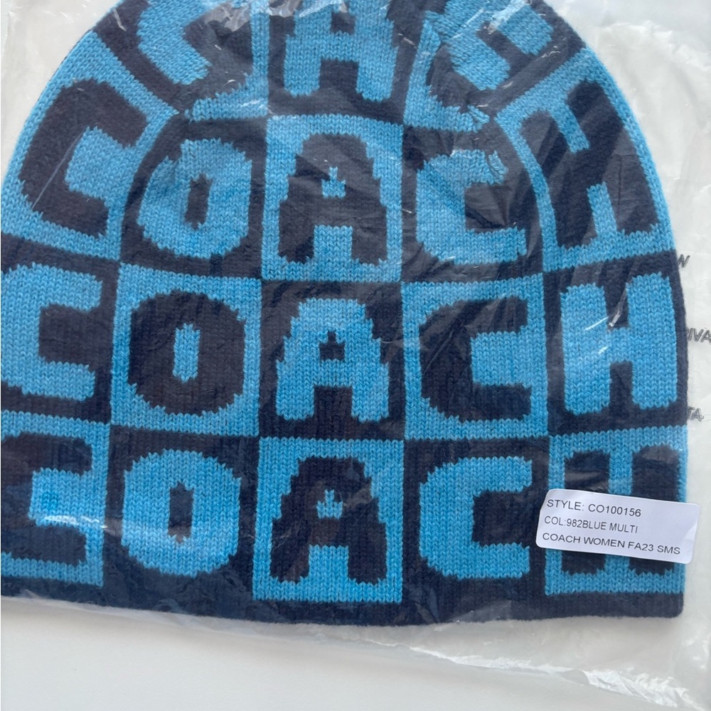 Coach Light Blue and Dark Blue Checkered Beanie